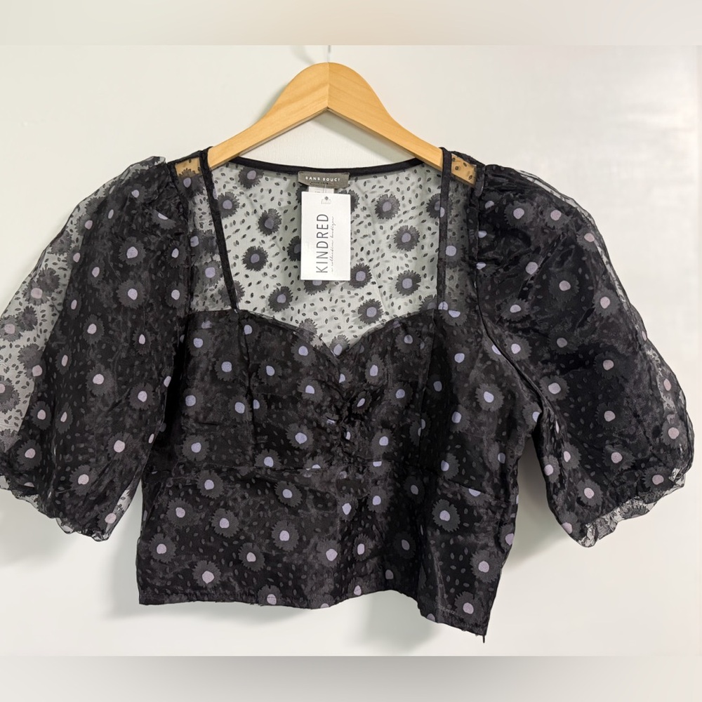Sans Souci Sheer Floral Puff Sleeve Crop Top L Black Whimsigoth